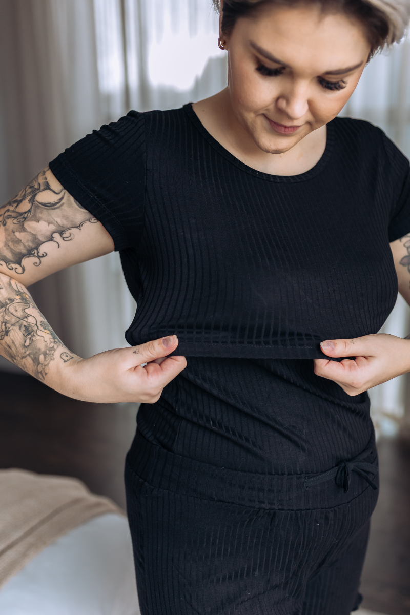 Loungewear Tee and Shorts | Black ribbed