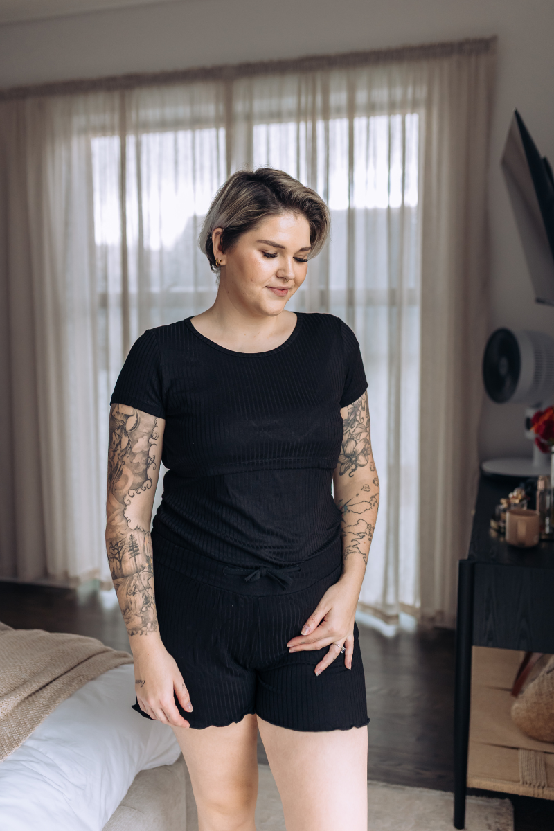 Loungewear Tee and Shorts | Black ribbed