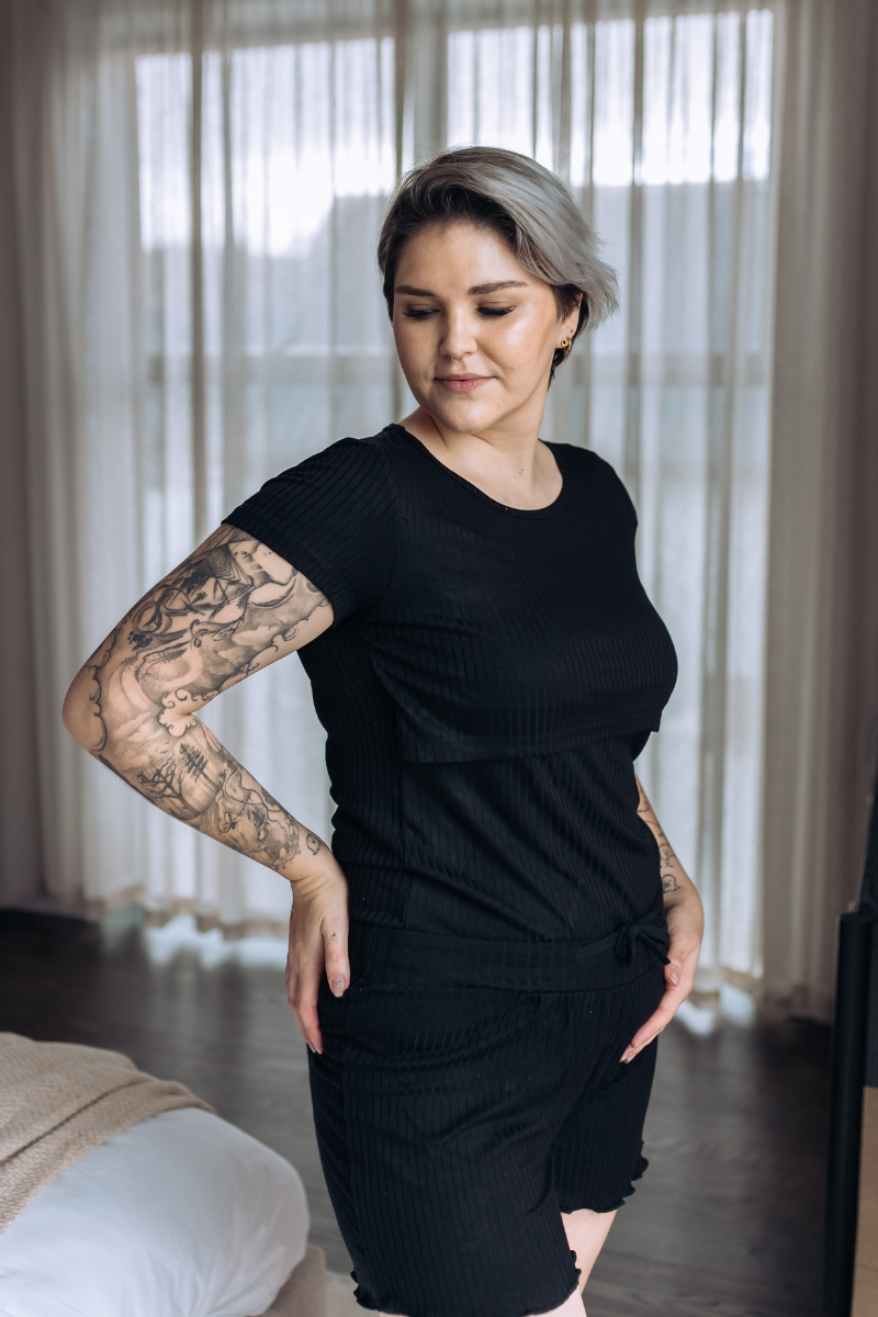 Loungewear Tee and Shorts | Black ribbed